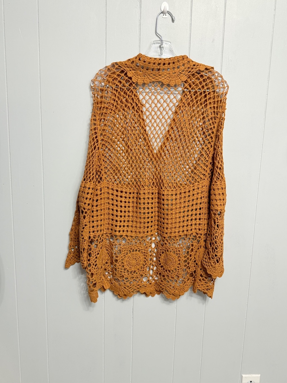 #1) Crochet Openwork V-Neck Tunic in Burnt Orange - Picture 3 of 7